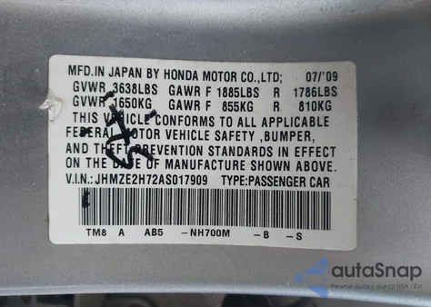 2010 Honda Insight Ex from USA, damaged, VIN JHMZE2H72AS017909